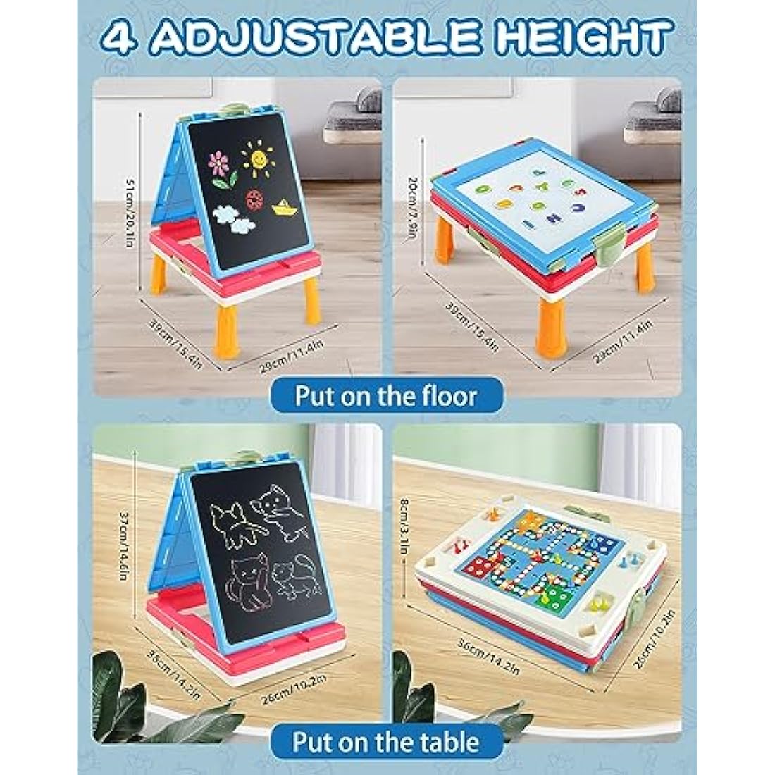 Elovien Easel Kids, 4 in 1 Double Sided Toddler Art Easel with Chalkboard & Magnetic Whiteboard, Foldable Kids Tabletop Easel with Drawing & Writing Accessories - Gift for Boys and Girls (Blue)