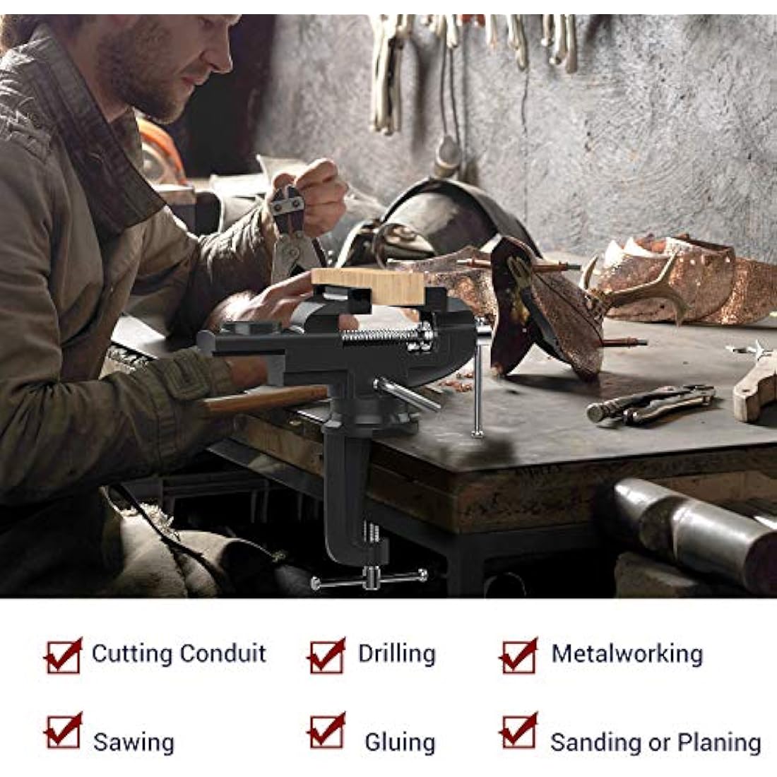 Nuovoware Table Vise 70mm, 360° Swivel Base Universal Home Portable Bench Clamp, Clamp-on Vise Bench Clamps Fixed Tool for Woodworking, Metalworking, Cutting Conduit, Drilling, Sawing, Black