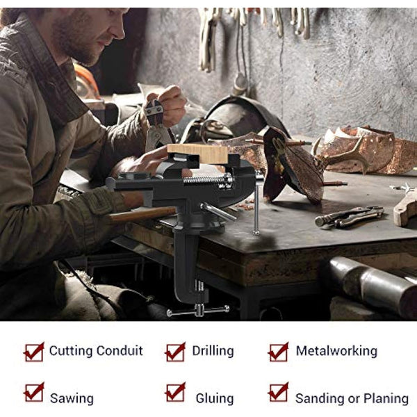 Nuovoware Table Vise 70mm, 360° Swivel Base Universal Home Portable Bench Clamp, Clamp-on Vise Bench Clamps Fixed Tool for Woodworking, Metalworking, Cutting Conduit, Drilling, Sawing, Black