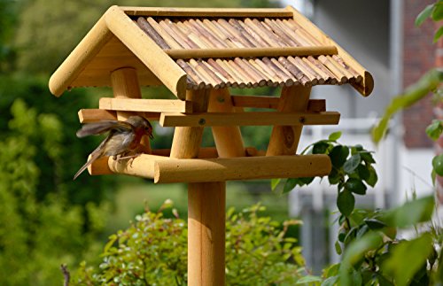 dobar? 48000FSC Bird Feeder with Stand - Wooden Bird Feeder with Reed Roof - Bird House with Tripod Stand - Bird Villa for Garden/Patio/Balcony - 44 x