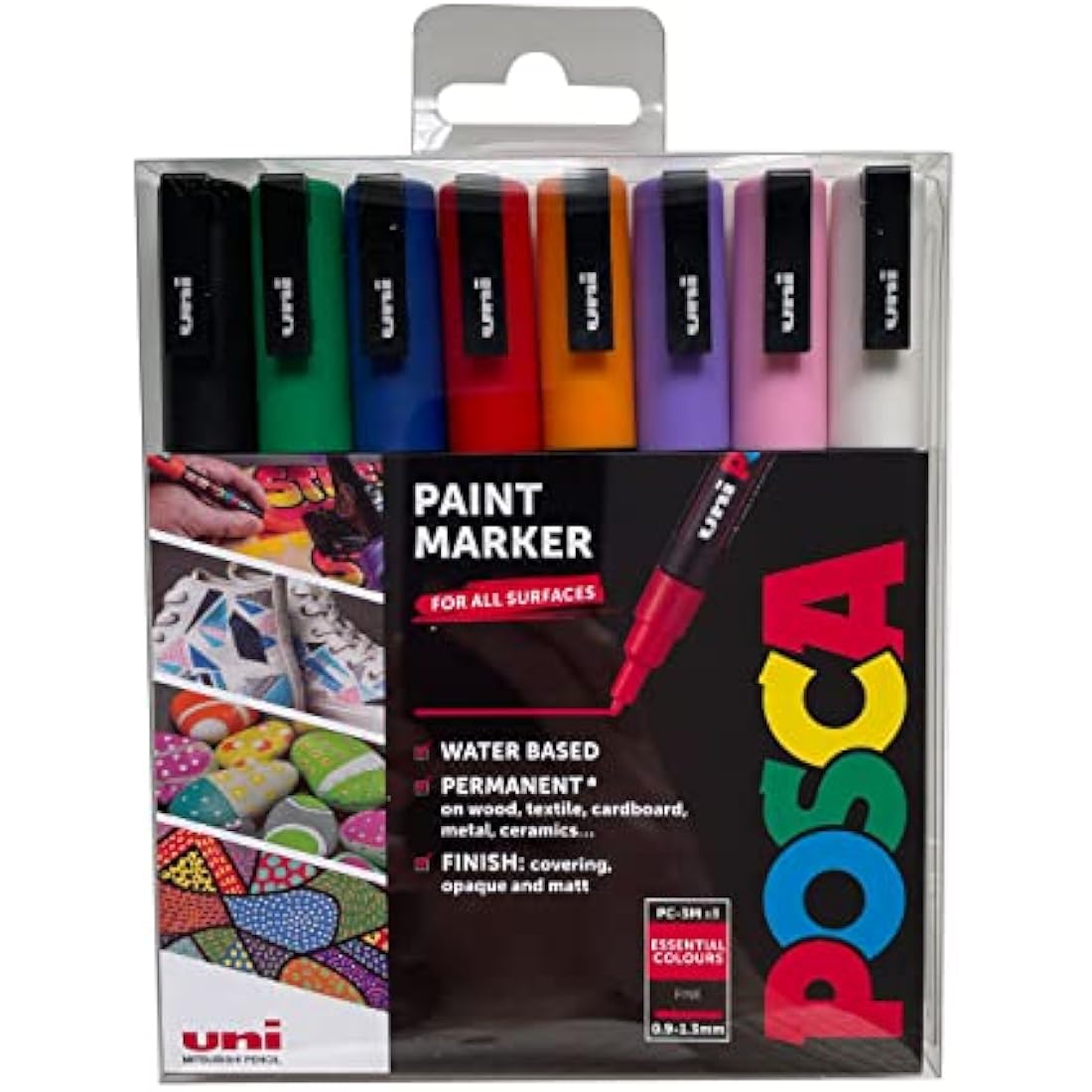 Posca Pens PC-3M Fine Acrylic Felt Tip Coloured Permanent Paint Markers for Adults and Kids. Perfect for Colouring, Fabric, Graffiti, Watercolour, Outline Drawing, Window and Glass Art. 8 Pack