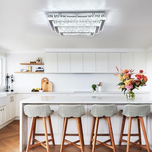 Finktonglan Modern Crystal LED Ceiling Light FIxtures 20” Dimmable Rectangular Flush Mount Chandelier Ceiling Lights 3-Tiers Stainless Steel Ceiling Lamp Fixtures for Living Room Bedroom Dining Room