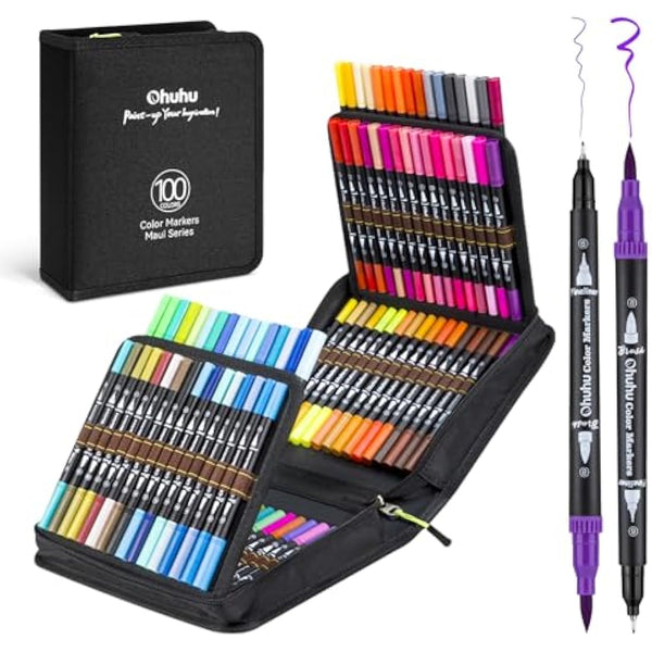 Ohuhu Colouring Pens 100 Colours, Dual Tip Brush Pens Felt Tip Pens, Art Markers with Fineliner, for Kids Adults Colouring Book Drawing Calligraphy Sketching Journal, Maui - Carrying Bag