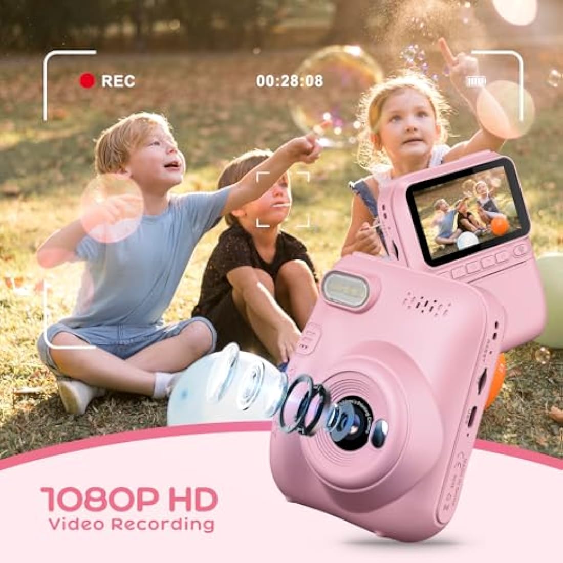 GREENKINDER Kids Camera Instant Print, 3.0'' Large Screen Instant Camera for Kids, 1080P Kids Digital with 32GB Card & 3 Rolls Print Paper, Gift Toy Selfie for Girls Age 3-12, Pink