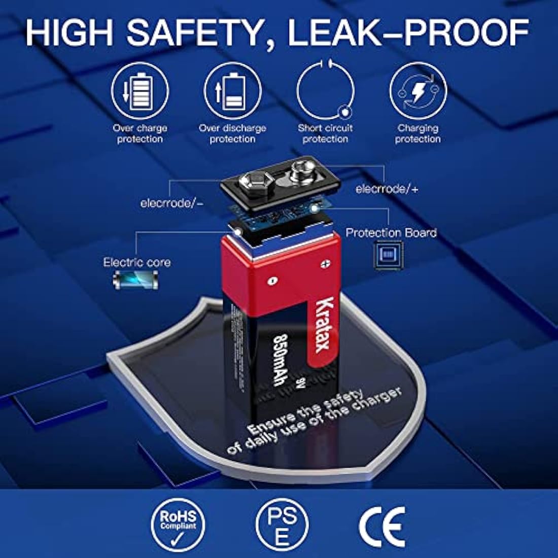 9V Rechargeable Li-ion Battery,Kratax 850mAh 9V Battery Rechargeable,2 Pack 9V Batteries with Protection Board for Smoke Detector Alarm,Fire Alarm,Multimeter,Radio Microphone,Kids Toys Battery