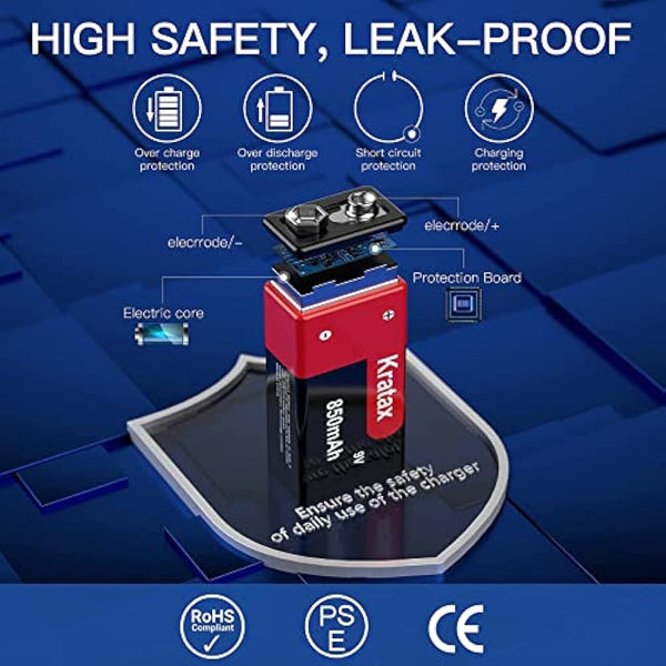 9V Rechargeable Li-ion Battery,Kratax 850mAh 9V Battery Rechargeable,2 Pack 9V Batteries with Protection Board for Smoke Detector Alarm,Fire Alarm,Multimeter,Radio Microphone,Kids Toys Battery