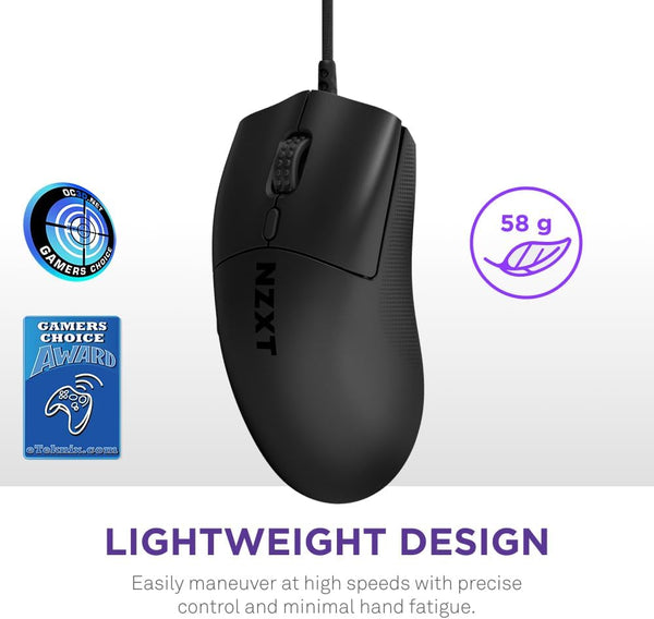 NZXT Lift 2 Ergo | Lightweight Ergonomic Wired Gaming Mouse | Lightweight 61 g Design | 8K Polling Rate | Optical Switches | 26K DPI Optical Sensor | 100% PTFE Feet | Black
