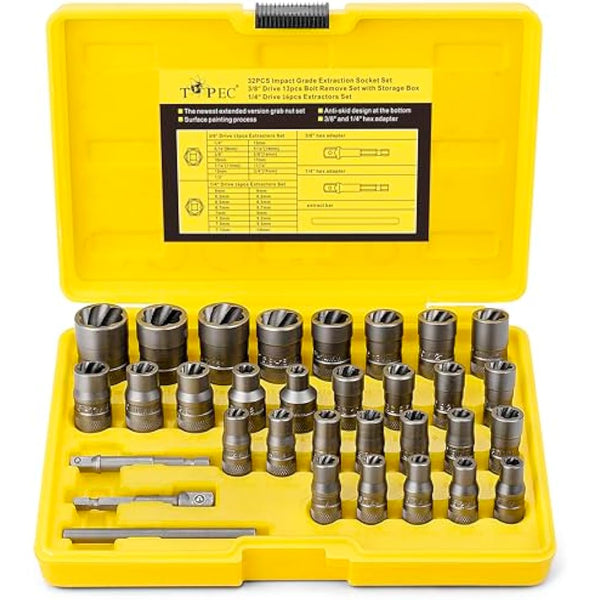 32Pcs Bolt Extractor Set, Extended Version Impact Bolt & Nut Remover Set with Hex Adapter, Stripped Bolt Remover Tool Kit for Removing Damaged, Frozen, Rusted, Rounded-Off Bolts, Nuts & Screws