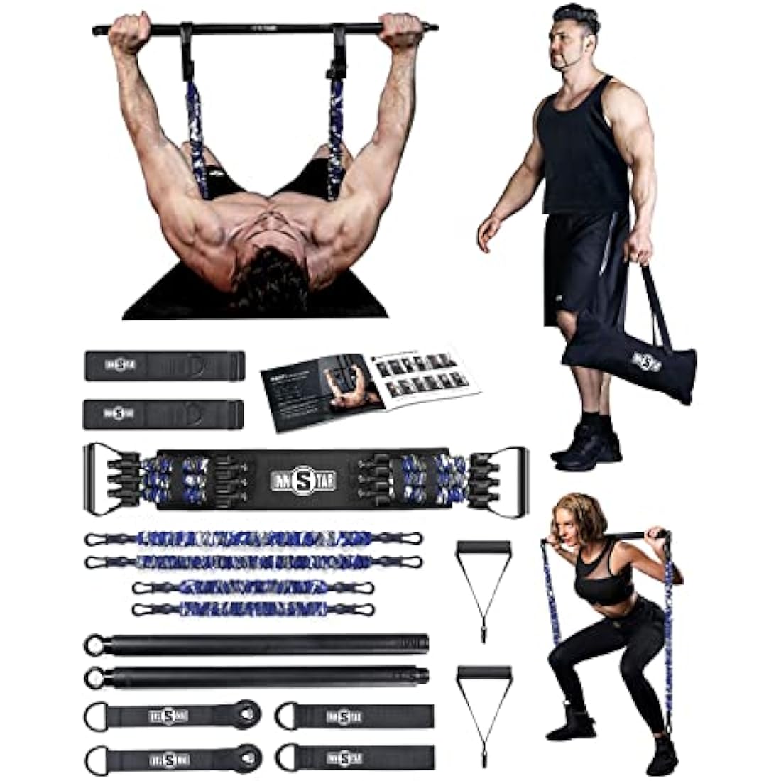INNSTAR Portable Home Gym Set with Workout Bar, Bench Press Set, Squat Resistance Band, Door Anchor and More-Full Body Workout Equipment to Build Muscle and Shape Body