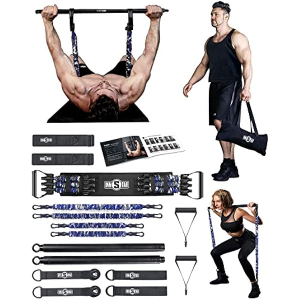 INNSTAR Portable Home Gym Set with Workout Bar, Bench Press Set, Squat Resistance Band, Door Anchor and More-Full Body Workout Equipment to Build Muscle and Shape Body