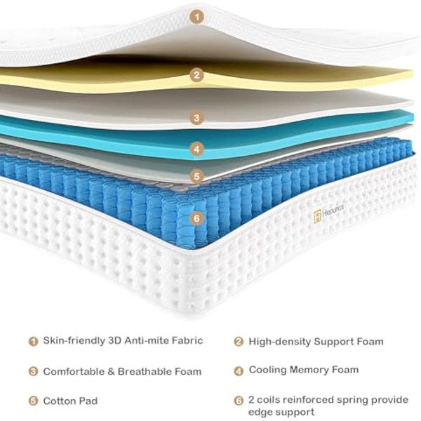 Hiepunos Double Mattress,10.2 INCH Hybrid Memory Foam and Individually Pocket Spring,4FT6 Double Bed Mattress Medium Firm,Ergonomic Pressure Reducing,Improve Sleeping(135x190x26cm)