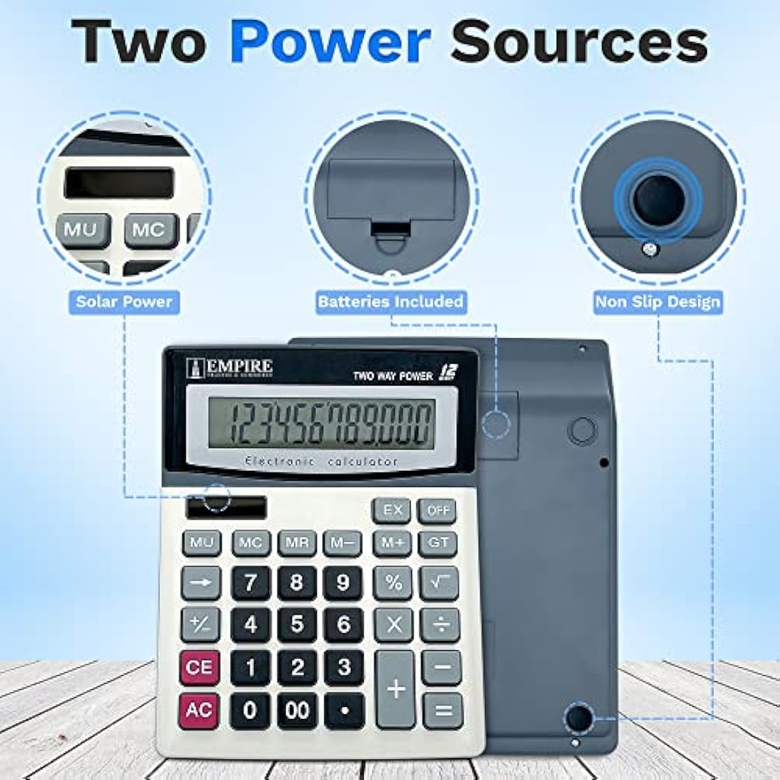 Empire Desk Calculator with Large Key Buttons, 12 Digits, Large Eye-Angled Display, Solar and Battery Powered for Home and Office (Included 2 Battery, 2 Pen and 1 Rubber)