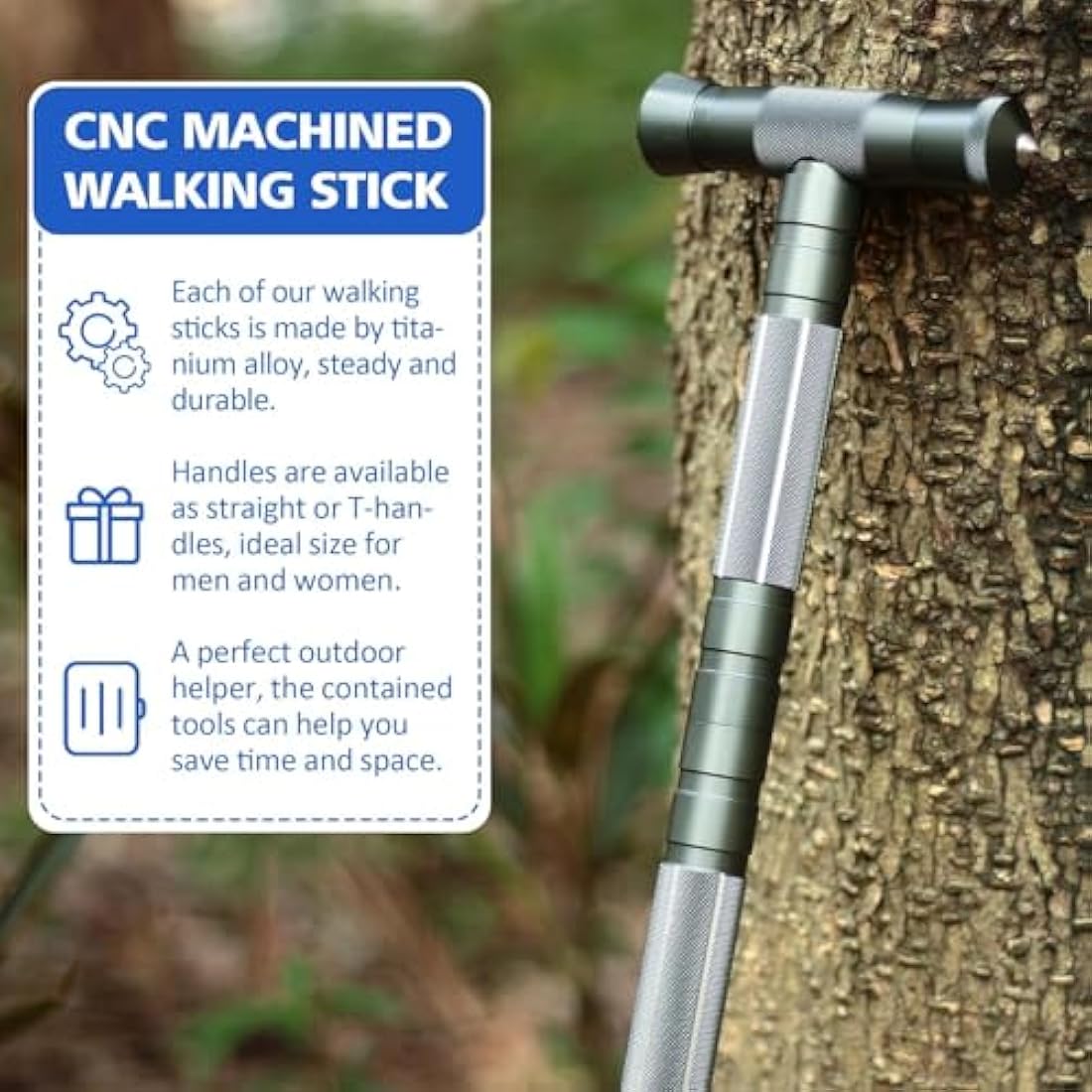 aiGear Tactical Stick/Hiking Walking Trekking Poles | CNC Machined Aluminum Tactical Cane - Adjustable Length | For Hiking Camping Mountaining Backpacking | Color Gray
