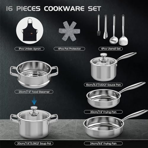 16-Piece Stainless Steel Saucepan Set, Induction Pots and Pans Set with Steamer & Glass Lids, Kitchen Cookware Set with Utensil Set Pot Protectors and