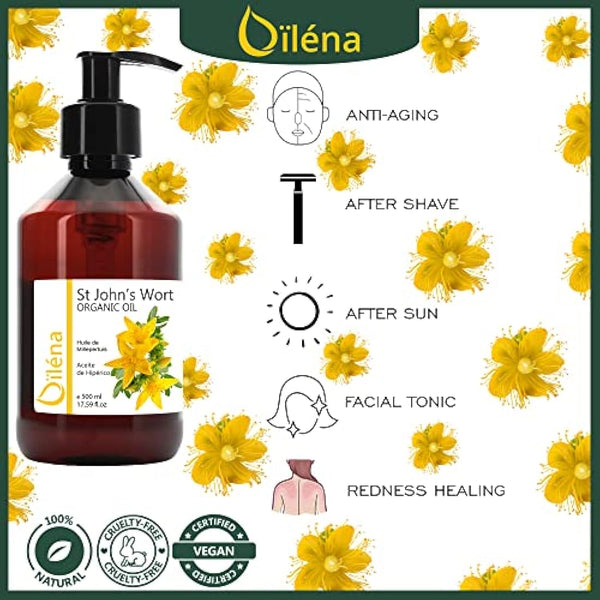Oïléna - St. John's Wort Hypericum Oil 500 ml | Natural Cold Pressed Massage Oil | Body & Face Relaxing Oil | Anti Stretch Mark & Hydrating Skin Care | Regenerative Skin Oil, 500 ml Pack