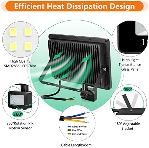 YIQIBRO 100W PIR Security Lights Outdoor Motion Sensor 2 Pack, 10000LM LED Floodlight with PIR, IP67 Waterproof Flood Lights Motion Sensor for Garden, Garage, Patio, Yard