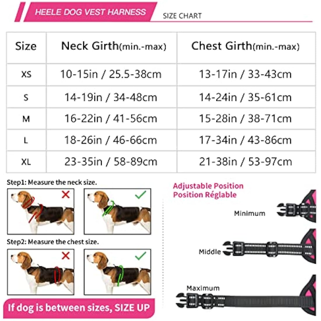 HEELE No Pull Dog Harness - Reflective, Adjustable with Front/Back Leash Attachments & Soft Padded Control Handle for Small to Large Dogs, Fuchsia, L