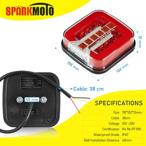 SPARKMOTO LED Trailer Rear Lights - Waterproof, 12V/24V Universal, 4 Functions With License Plate Light, IP67 Submersible