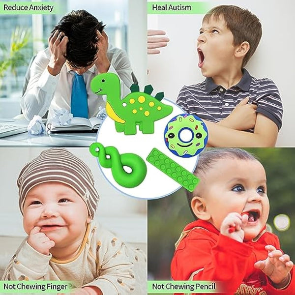 6PCS Sensory Chew Necklace, Teether Chew Toys Safety Food Grade Silicone for Kids Toddlers ADHD, Autistic, Biting Needs, Oral Motor Teether Chew Pendant Toy with Adjustable Buckle for Baby Boys(Green)