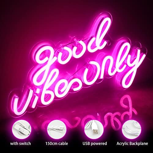 Good Vibes Only Neon Sign Pink LED Word Light Up Sign Neon Wall Lights Signs Acrylic Letters LED Signs for Bedroom Wall Bar Party Decor 16.5" X 9.4"