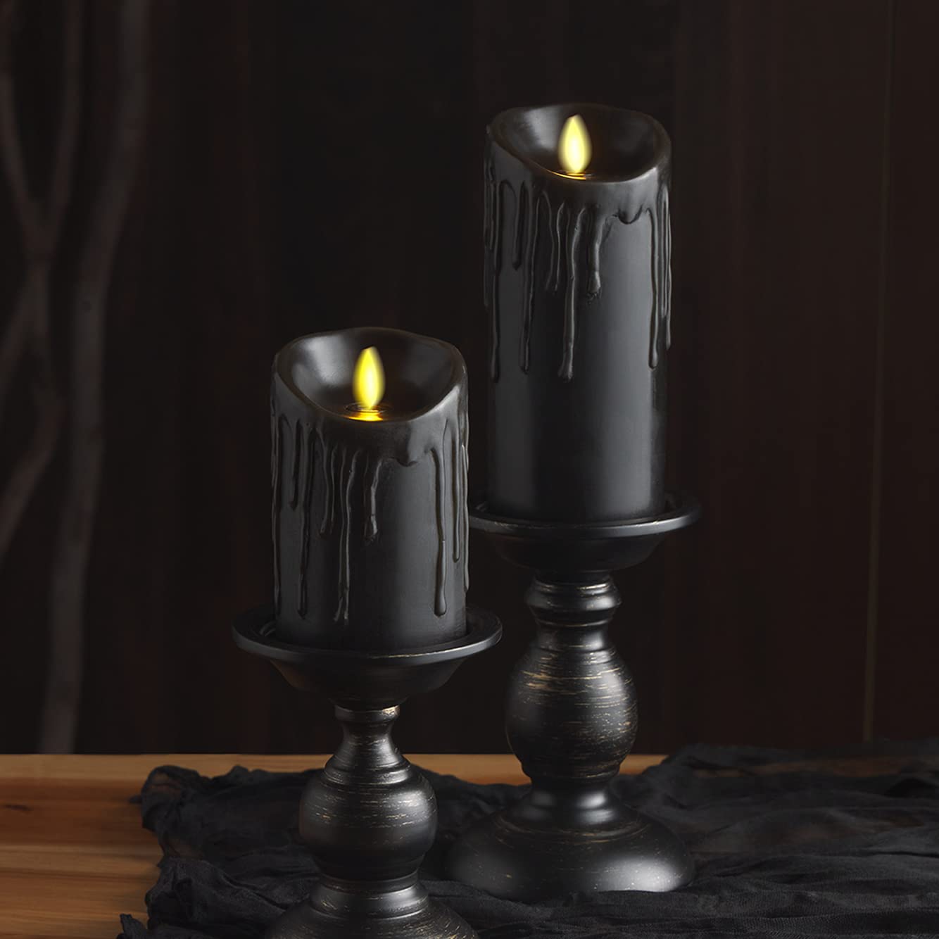 Luminara Black Wax Drip Flameless Candle LED Battery Operated Moving Flame Lights Pillar Unscented Real Wax with Dripped Edge, Timer (3 x 6.5 inch)
