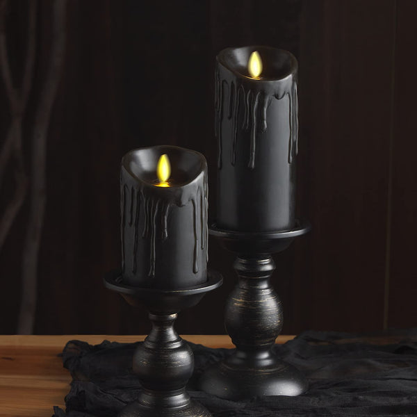 Luminara Black Wax Drip Flameless Candle LED Battery Operated Moving Flame Lights Pillar Unscented Real Wax with Dripped Edge, Timer (3 x 6.5 inch)