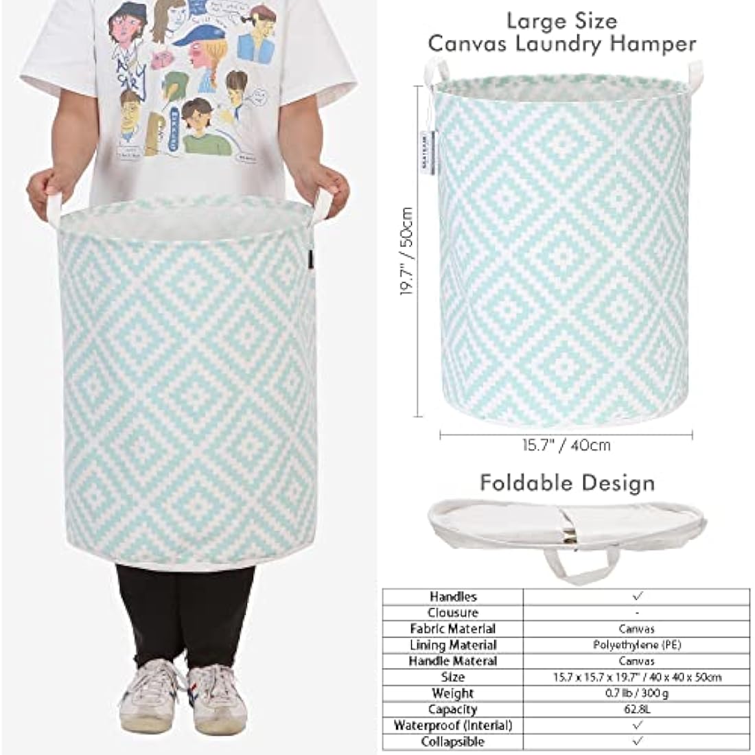 Sea Team 19.7 Inch Large Sized Waterproof Coating Ramie Cotton Fabric Folding Laundry Hamper Bucket Cylindric Burlap Canvas Storage Basket with Stylish Bohemia Mint Design
