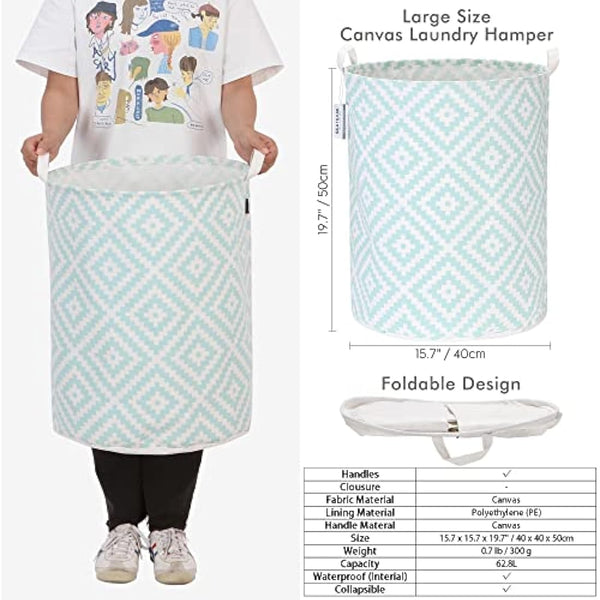 Sea Team 19.7 Inch Large Sized Waterproof Coating Ramie Cotton Fabric Folding Laundry Hamper Bucket Cylindric Burlap Canvas Storage Basket with Stylish Bohemia Mint Design