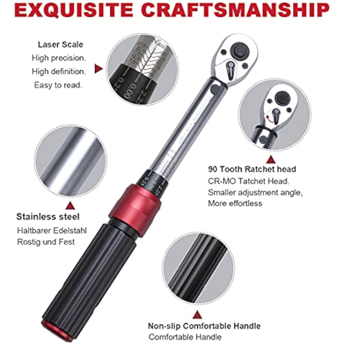 FOURROBBER Torque Wrench 1/4-inch Drive Click Dual-Direction Adjustable 90-Tooth Torque Wrench 5-30Nm,Accuracy ± 3%