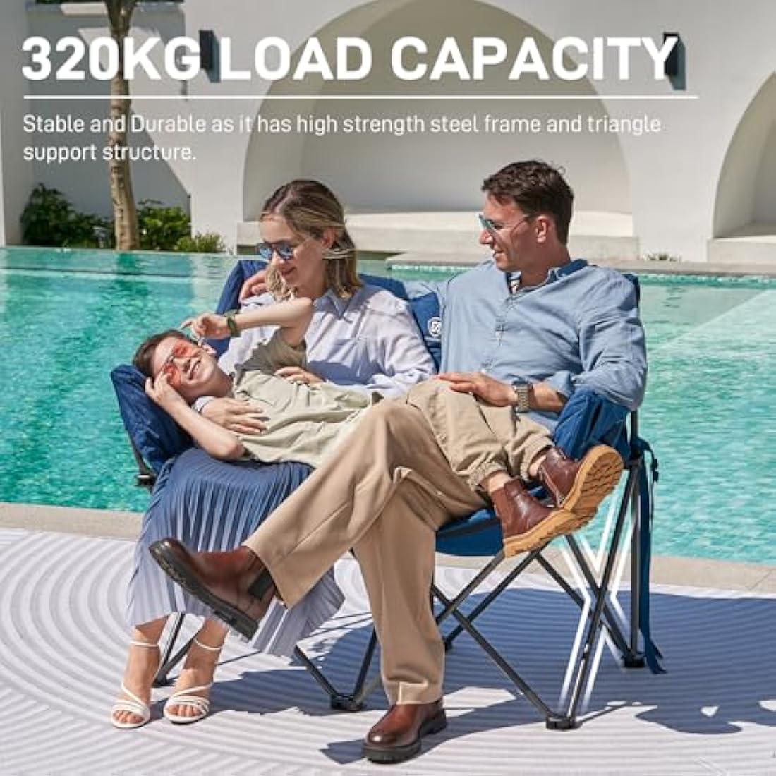 EVER ADVANCED Camping Chair Double for Adults 6cm Padded 320kg Folding 2 Seater Sofa with Side Pocket Dining Garden Outdoor Heavy Duty Luxury Fishing Portable Oversized Comfy Loadable Blue