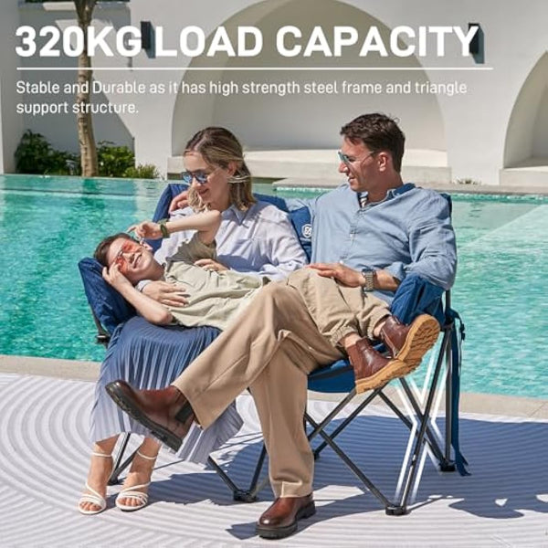 EVER ADVANCED Camping Chair Double for Adults 6cm Padded 320kg Folding 2 Seater Sofa with Side Pocket Dining Garden Outdoor Heavy Duty Luxury Fishing Portable Oversized Comfy Loadable Blue