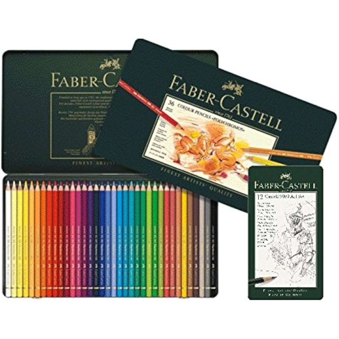 Faber-Castell Polychromos Colouring Pencils Various Designs to Choose From, 36 Metal Case + 12 Castell 9000, Green, 1