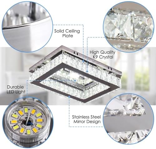 Finktonglan LED Crystal Chandelier Modern Rectangular Ceiling Lamp K9 Stainless Steel Flush Mount Ceiling Lights Fixture Chandelier for Dining Room Living Room Bedroom (Cool White)
