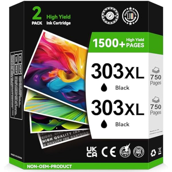 INKYEAH 303XL Ink Cartridges Black- 2X 750 Pages, Replacement for HP 303 Black Ink Cartridges Original, Printer Ink 303 XL for Envy Photo 7134 7830 6232 6230 7130 6220 6234 7100 TANGO X