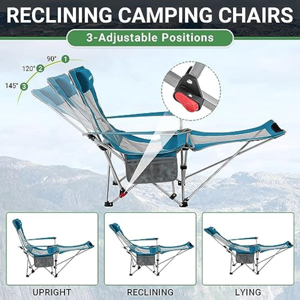 #WEJOY Camping Chairs Folding Recliner Chair Adjustable with Detachable Footrest Headrest Cup Holder Lightweight Portable Reclining Camp Chair Fold Up Chair for Outdoor Beach Garden, Cyan Set of 2