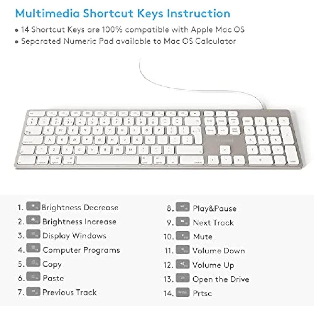 All-Aluminium Wired Keyboard for Apple Mac OS Layout with Numeric Keypad, Durable and Sleek Design, Plug-n-Play Cable Connection in USB-A or USB-C, Compatible with iMac/Mac Mini/MacBook Laptop-Silver