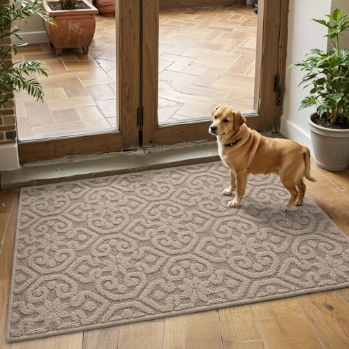 DEXI Door Mats Indoor 92 x 152 cm, Dirt Trapper Doormat with Non Slip Rubber Backing, Thin Washable Front Entrance Mat for Inside, Patio, Porch, Beige