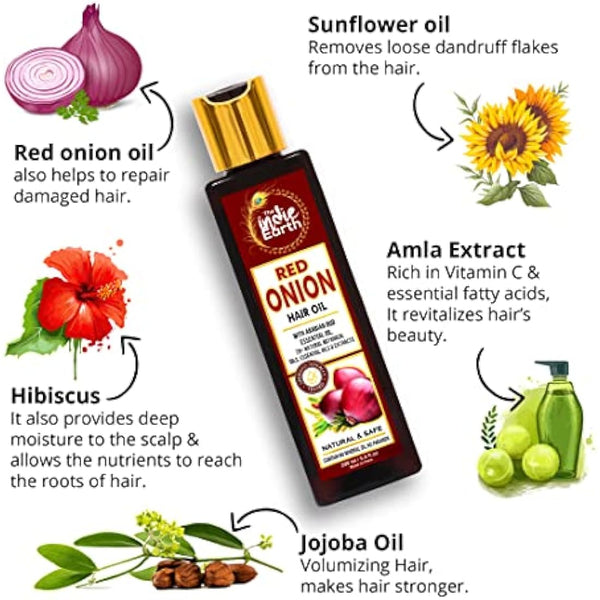 INDIE EARTH RED ONION HAIR OIL 200 ML - ANTI HAIR LOSS & HAIR GROWTH WITH BLACK SEED, CURRY LEAF, HIBISCUS BHRINGRAJ & 29+ NATURAL OILS & EXTRACTS