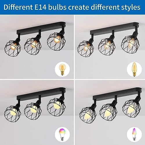 ANWIO Spot Light Fittings Ceilings,Kitchen Lights Ceiling with E14 Base Metal Wire Cage,Adjustable Black 3 Way Spotlights Ceiling Light,Ceiling Lights for Living Room