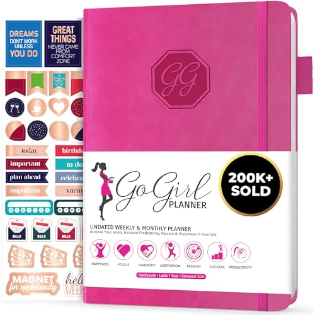 GoGirl Planner and Organizer for Women – Compact Weekly Planner, Goals Journal & Agenda to Improve Time Management & Productivity (Hot Pink)