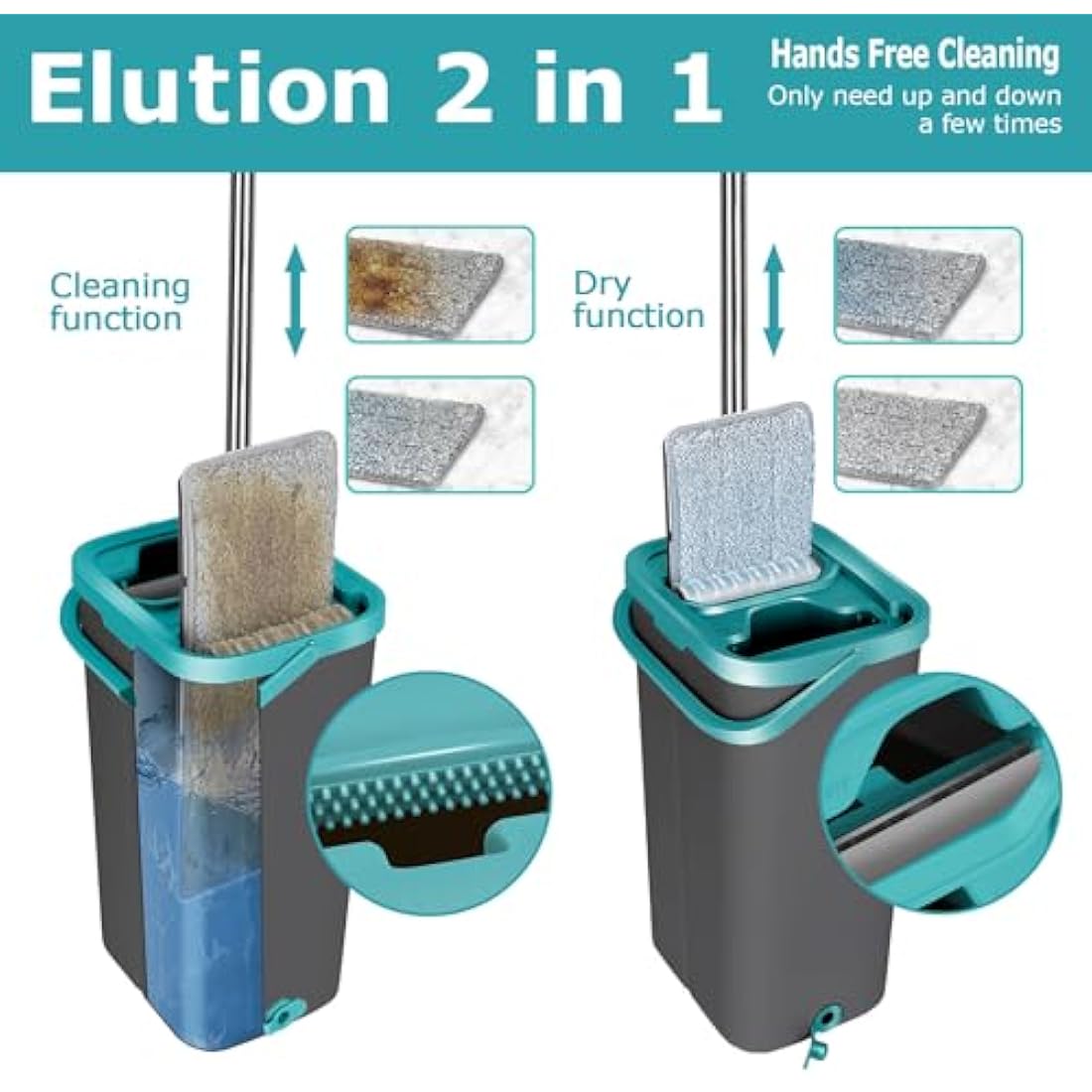 Masthome Mop and Bucket, Microfibre Mops and Buckets Sets with 140CM Stainless Steel Handle & 6pcs Washable Pads, Wet & Dry Cleaning Buckets for Cleaning Laminate Tile Hardwood Floors