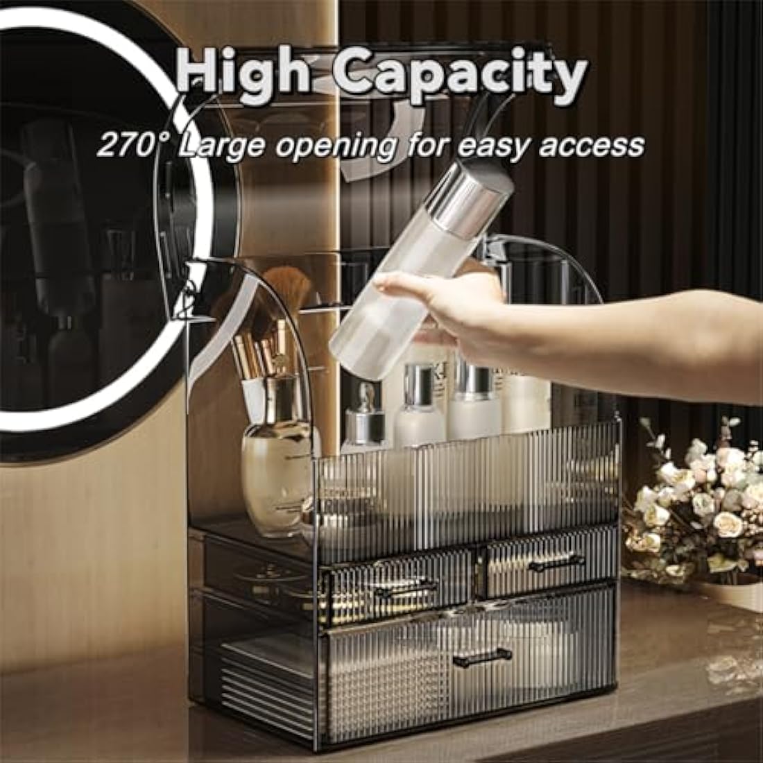 Suyoo Makeup Storage Organiser, XL Large Acrylic Cosmetics Organizer Skincare Display Case with Drawers and Waterproof Cover for Countertop, Bathroom, Dresser(Black-XL)