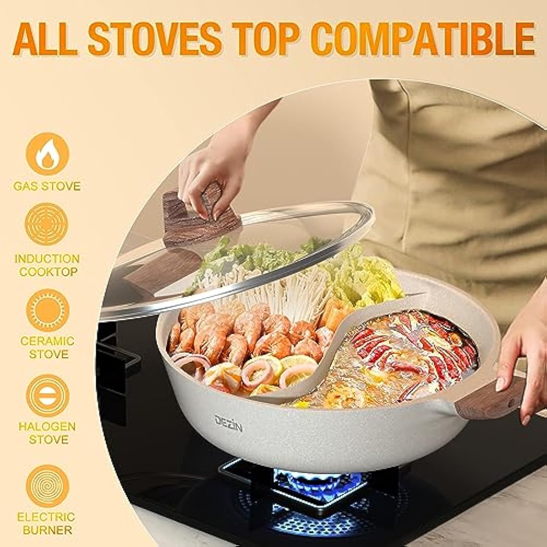 DEZIN 5-QT Double-flavor Shabu Pot with Divider, Dual Sided Nonstick 12 Inch Divided Hotpot for Induction Cooktop, Gas Stove & Hot Burner, Soup Ladle Included