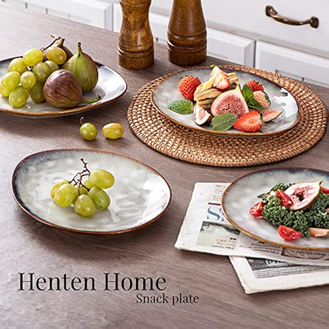 Henten Home Porcelain Breakfast Plate, Stoneware Snack and Dip Plates Set of 4, Cake Plate Tableware Set Dinner Service - Modern Beige Design