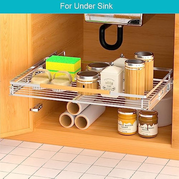 iPEGTOP Pull Out Cabinet Drawer Shelf Organizer, Extendable Sliding Slide Out Pantry Shelves Storage Heavy Duty for Kitchen Cabinets Under Sink, Adjustable Width 16.3~26.3" W x 17.3" D