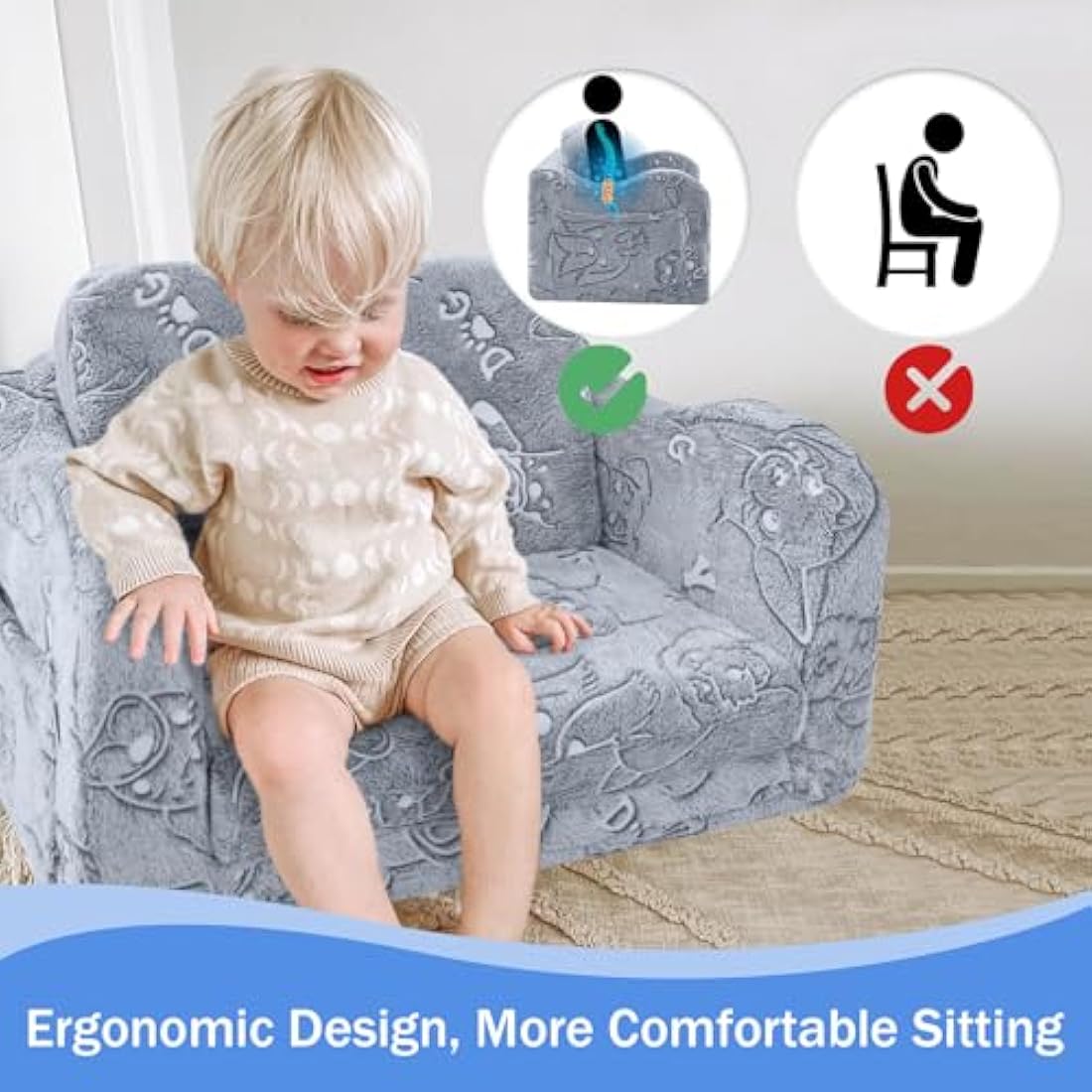 MeMoreCool Kids Sofa, Toddler Fold Out Chair for Girls Boys, Glow in The Dark Comfy Folding Baby Couch Convertible to Lounge, Kids Soft Plush Recliner for Childrens Playroom, Glowing Dogs