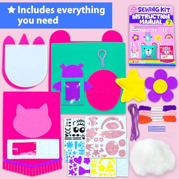 KRAFUN My First Sewing Kit for Kids Ages 5-9, Beginner Art & Craft with 6 Easy Doll, Pillow, Bag, Ornament Projects, Plush Felt, Safe Plastic Needle, Instructions Learn Sewing, Embroidery