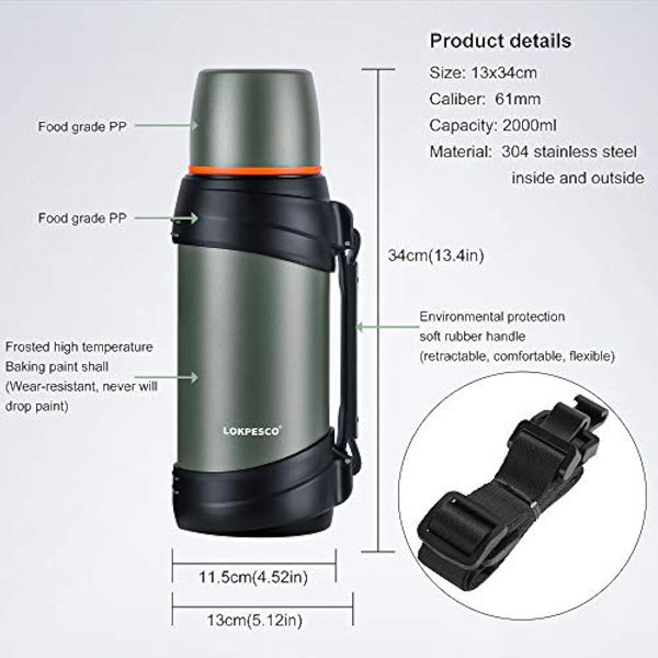 LOKPESCO Large Capacity Flask for Hot and Cold Drinks, 2L Stainless Steel Vacuum Insulated Coffee Thermo Flask with 2 Cups, Oversized Hot Water Bottles for Travel, 24hrs Hot/Cold, BPA Free, Leakproof