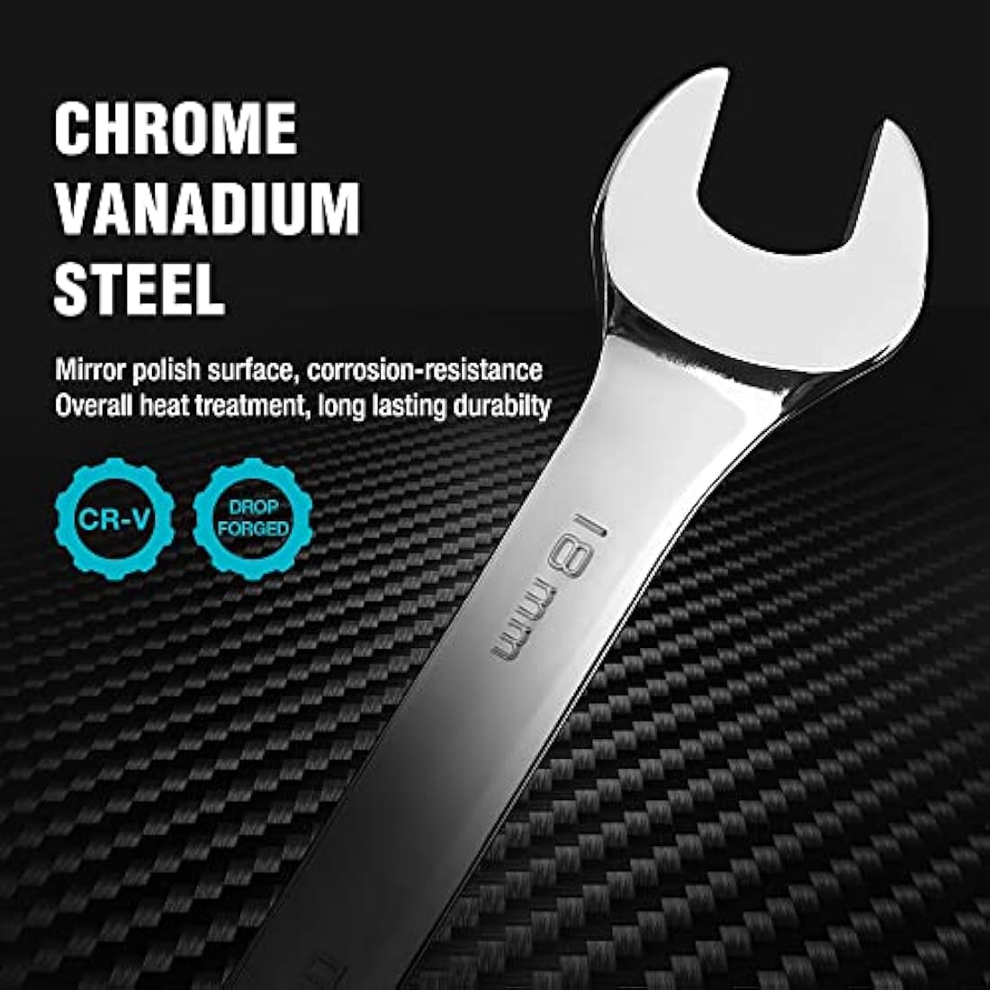 DURATECH 10-Piece Ratchet Combination Spanner Set, Fixed Head Open End Combination Wrench Set with Roll Pouch, Metric, 6-18mm, 12 Point, Cr-V Steel