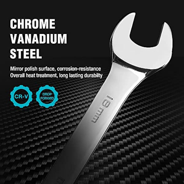 DURATECH 10-Piece Ratchet Combination Spanner Set, Fixed Head Open End Combination Wrench Set with Roll Pouch, Metric, 6-18mm, 12 Point, Cr-V Steel